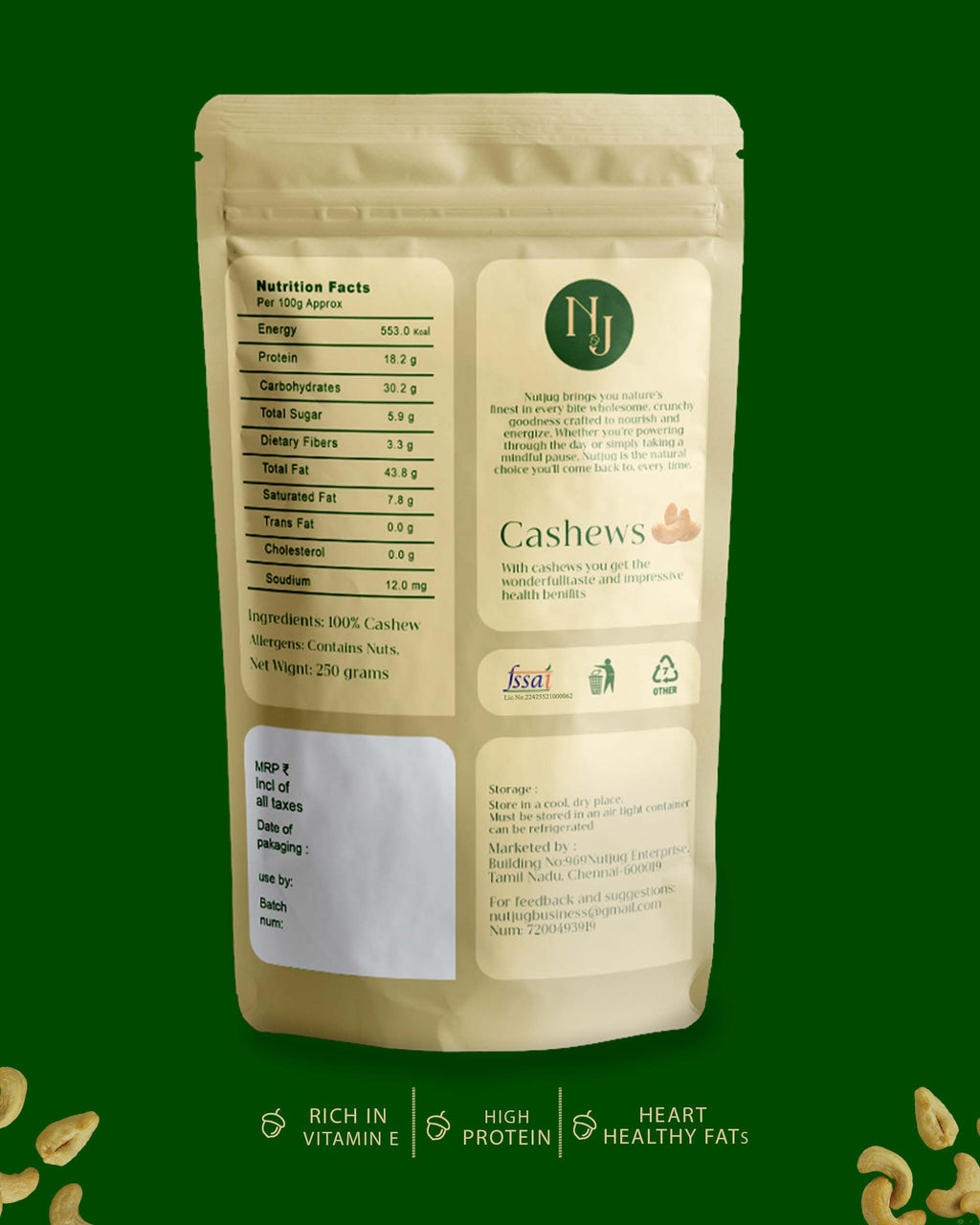 NUTJUG Cashew half moon 250g